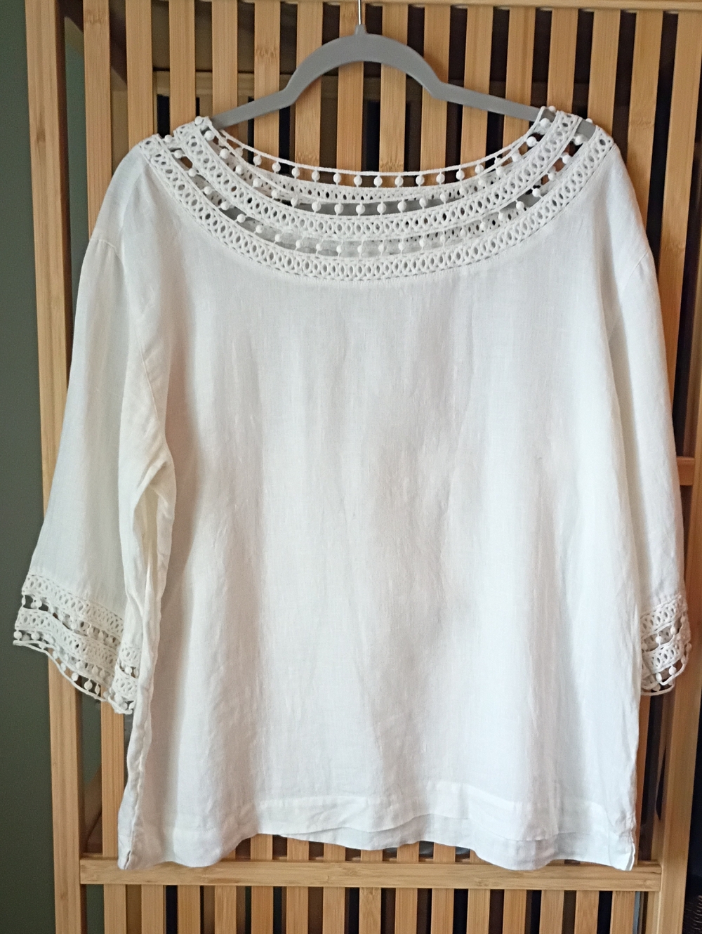 J. Jill Love Linen Crochet Neckline White Blouse Size M